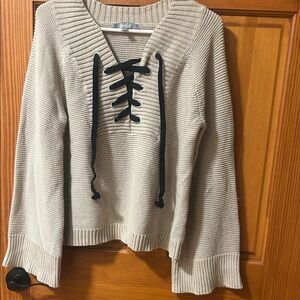 Khaki V-Neck Sweater with Black Lace-Up